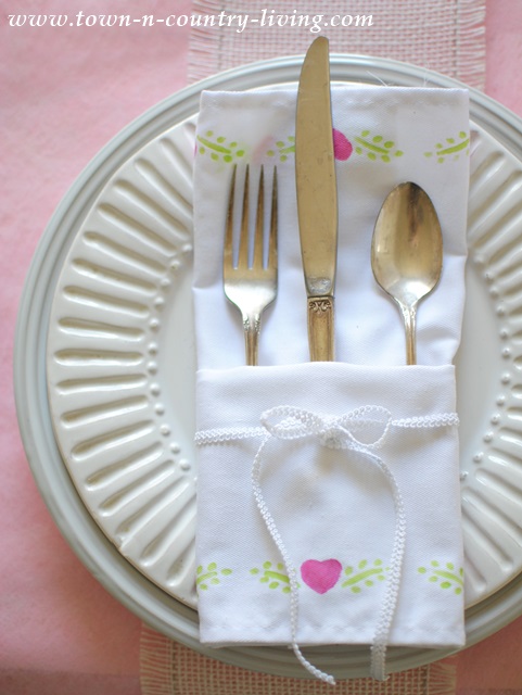 Stenciled dinner napkins for a spring setting