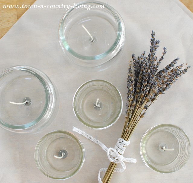 Hot Glue Candle Wicks to Bottoms of Glass Jars