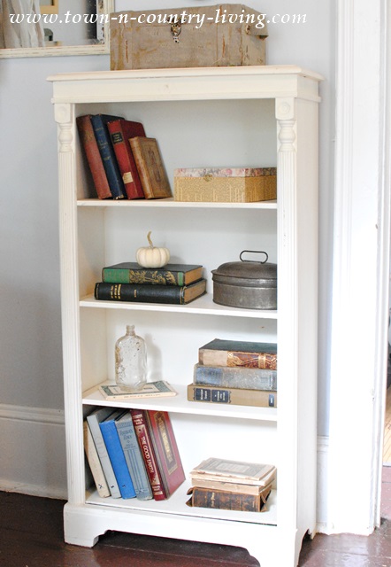 Little white bookcase before her makeover