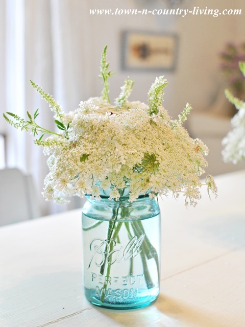 Queen Anne's Lace in a blue Ball mason jar via Town and Country Living