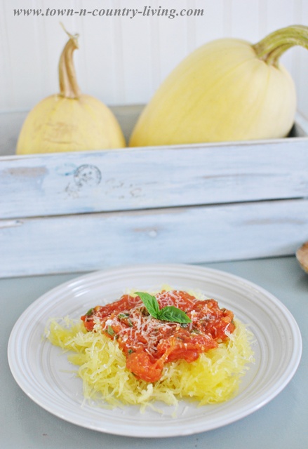 Spaghetti squash recipe with tomato basil sauce via Town and Country Living