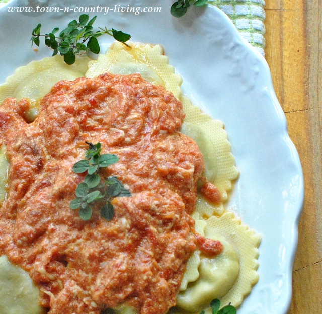 Crab Ravioli with Tomato Vodka Sauce via Town and Country Living