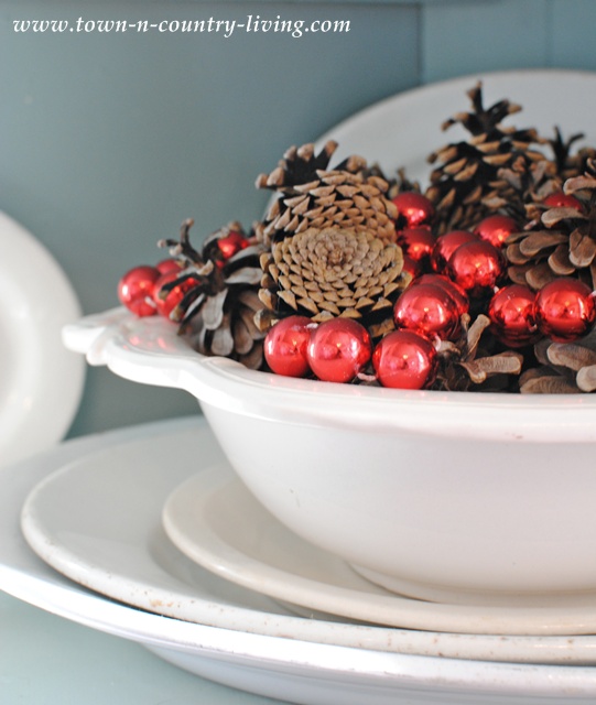 Pine cones and red beads at Christmas