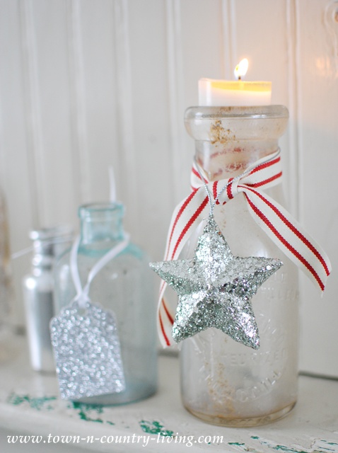 Vintage bottles decorated for Christmas