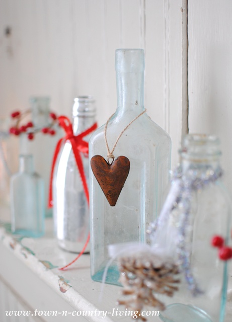 Vintage bottles decorated for Christmas