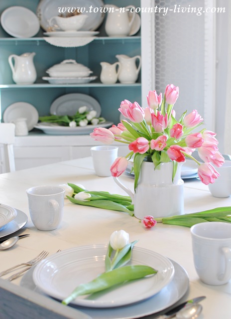 Easy tulip arrangement in a white ironstone pitcher