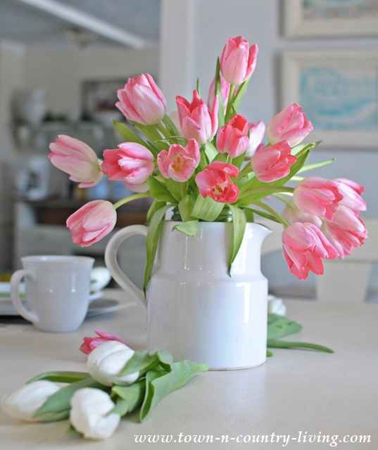 Easy tulip arrangement in white ironstone pitcher