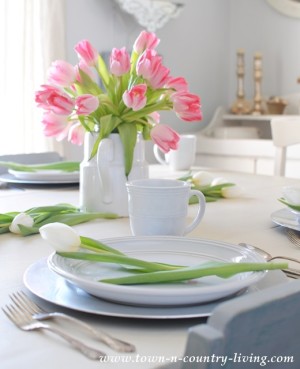 Tulips in a white ironstone pitcher