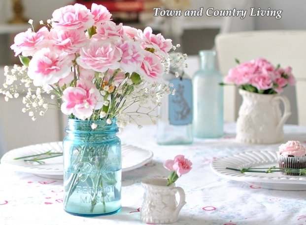 Decorating with Pink Flowers in a Blue Mason Jar