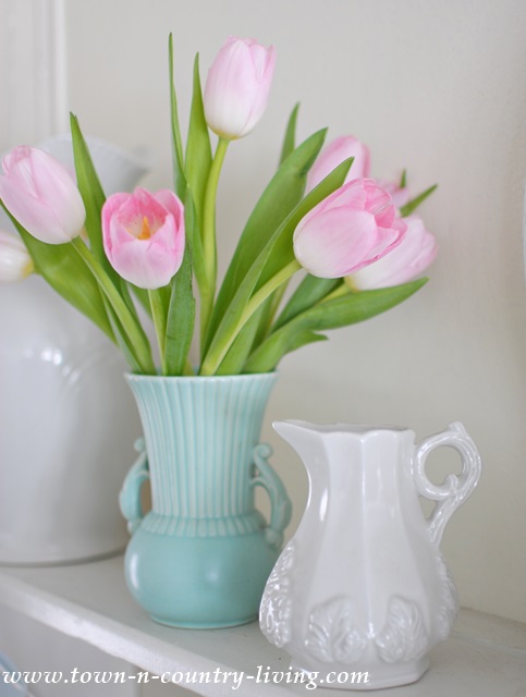 Pink Tulips in a vintage aqua vase