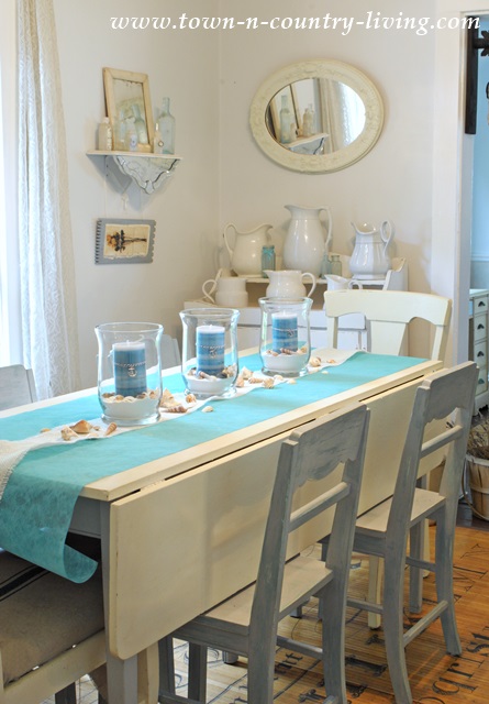 Farmhouse Dining Table with Summer Coastal Centerpiece