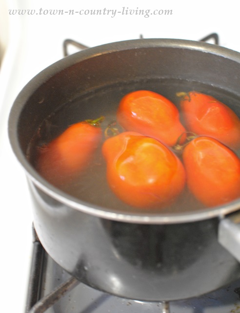 Boil tomatoes for 30-60 seconds to loosen skins for peeling