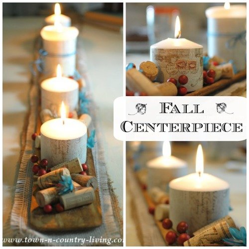Fall Centerpiece created with Candles lined up on French Baguette Board. Add wine corks, berries, and flowers.