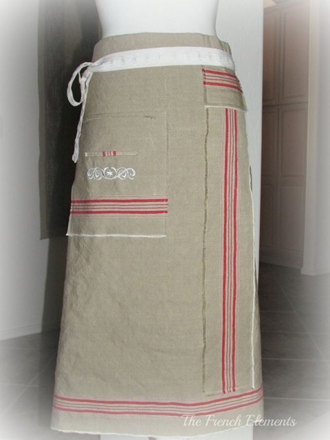 French inspired bistro apron made from vintage mangle cloth