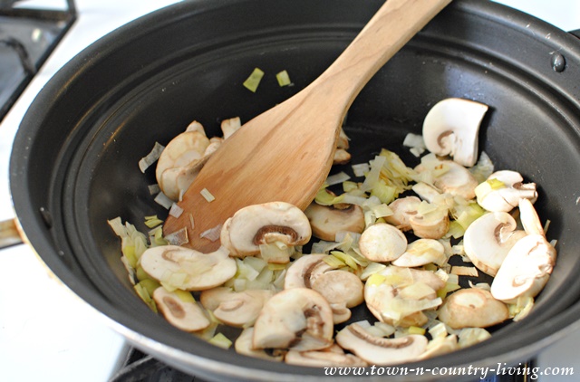 Homemade Soup - sauteing mushrooms and onions for turkey soup.
