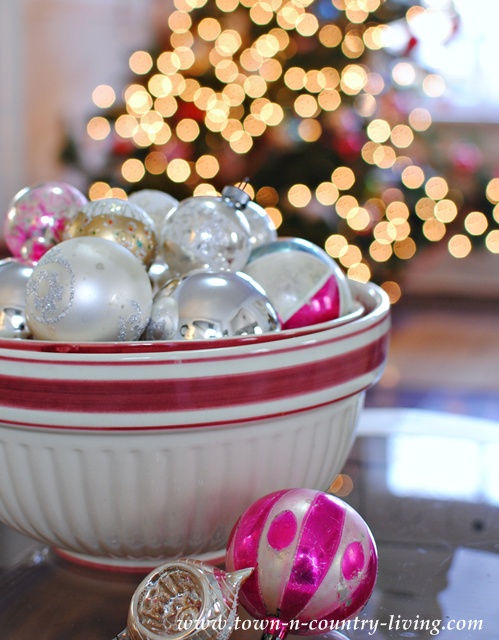 DIY Home Decor. Christmas bowl filled with vintage glass ornaments.
