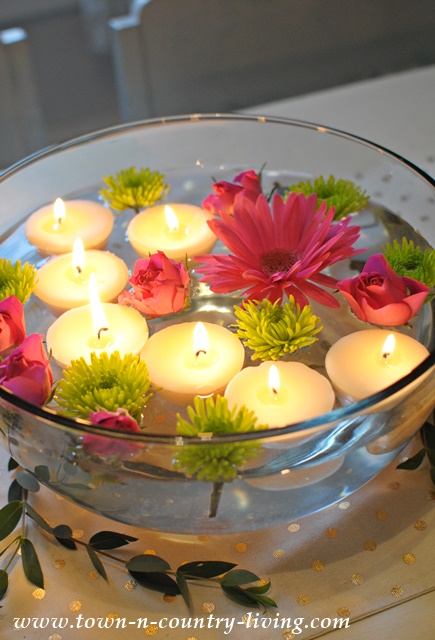 Floating Flowers and Floating Tea Light Candles make a romantic centerpiece.