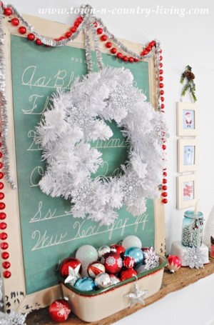 Vintage Christmas Mantel with White Christmas Wreath