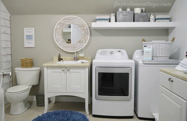 Combination bathroom and laundry room in nautical style
