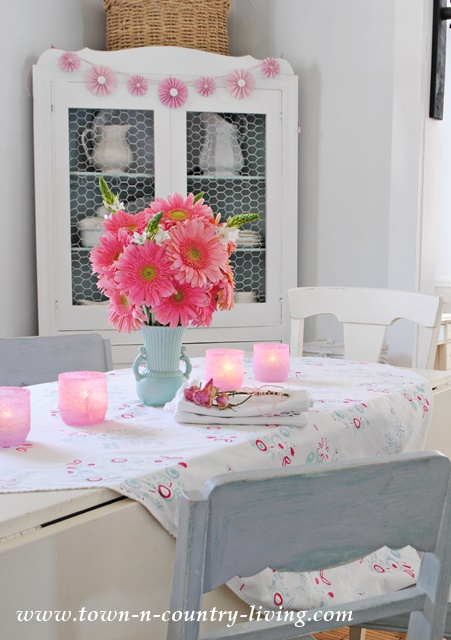 Pink Gerbera Daisies and Frosted Votives create a cottage style centerpiece
