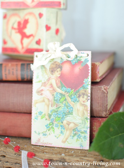 Valentine's Day Vignette - red vintage books and old style Valentine's