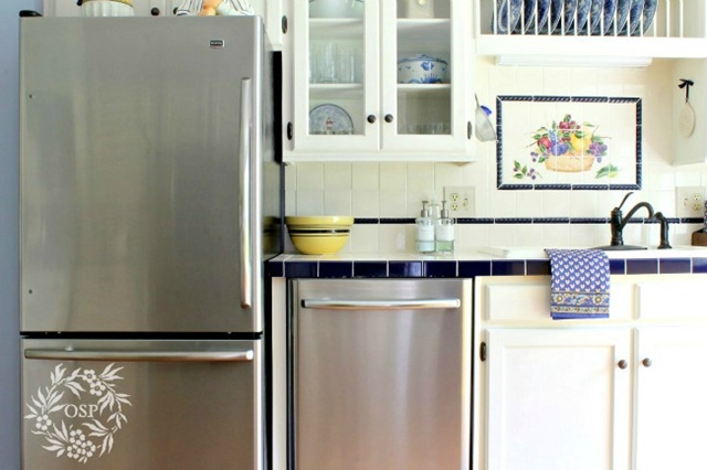 Blue, white, and yellow kitchen at On Sutton Place