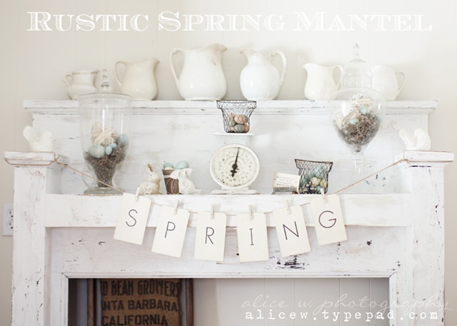 Spring Mantel dressed in white. Compliments of Thoughts from Alice