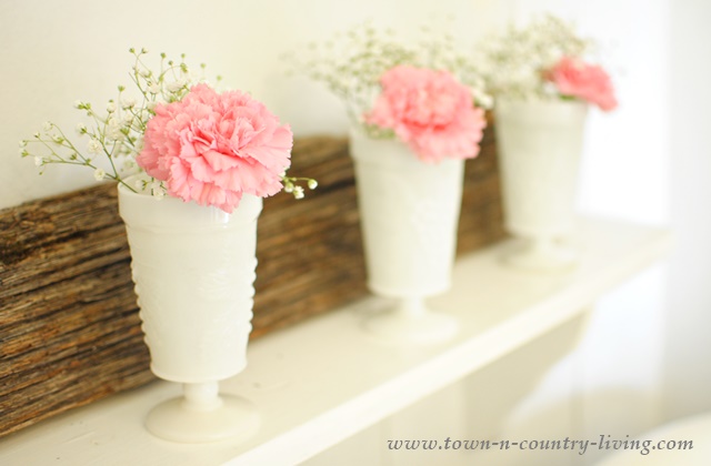 Carnations in White Milk Glass Tumblers