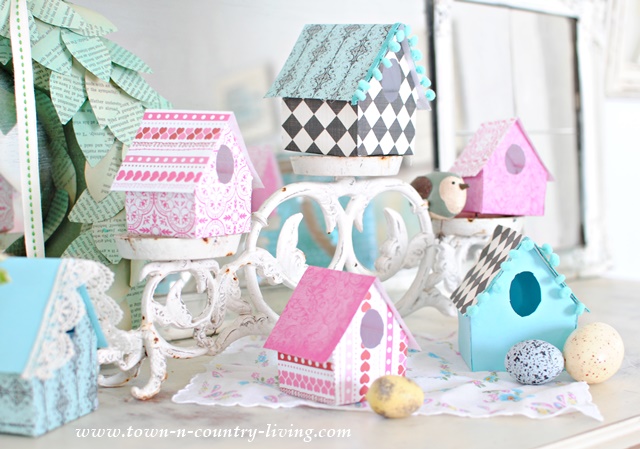 How to make paper birdhouses from decorative scrapbook paper.