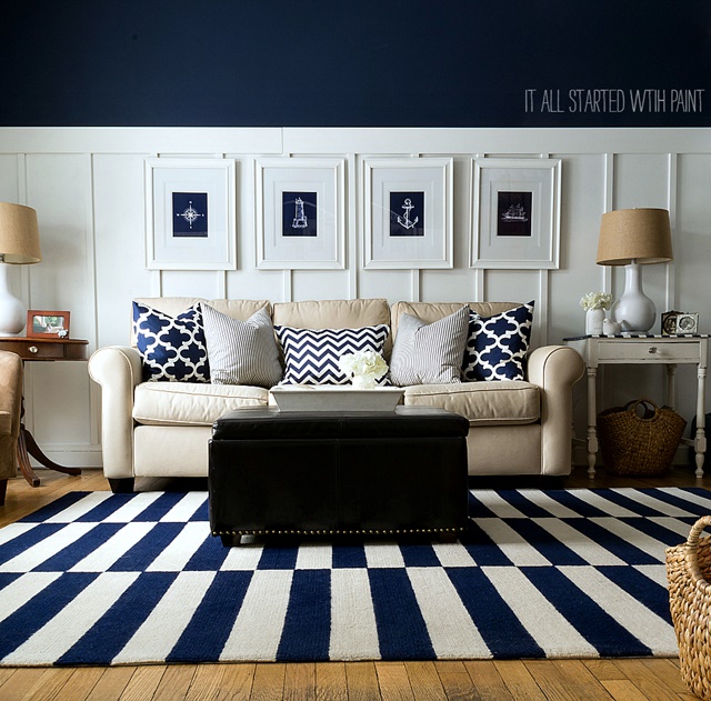 White and Navy Living Room with Bold Geometric Rug