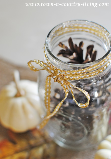 Centerpiece with Mason Jars and Pine Cones