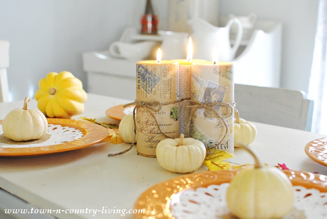 Thanksgiving Centerpiece with Candles and Gourds